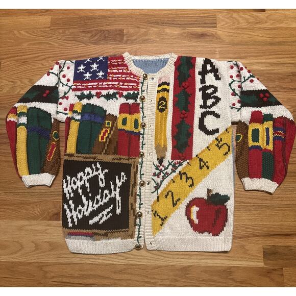 Eagles Eye Sweaters - Vintage Hand Knitted School Teacher Christmas Themed Cardigan Size Large? READ